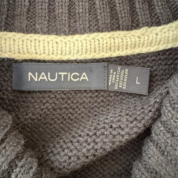 Nautica Sweater Men's Large Navy Blue Pullover Shawl Neck 2 Button White Stripes - Picture 6 of 10